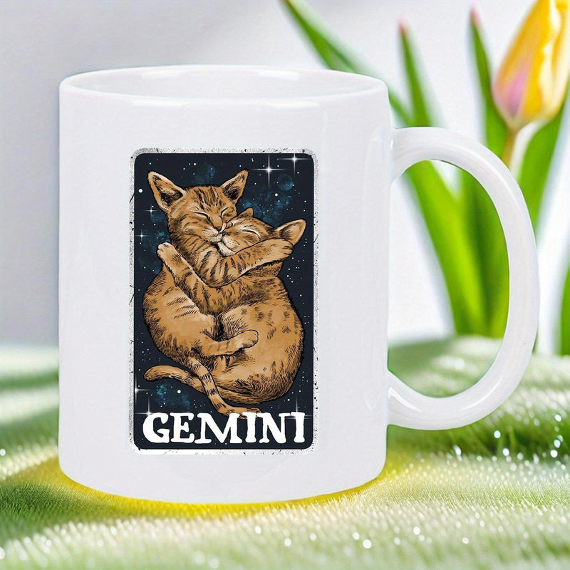Tailorly White Ceramic 11 oz Mug - Gemini Whimsical Ginger Cats Hugging Each Other Beneath Sparkling Midnight Stars Cat