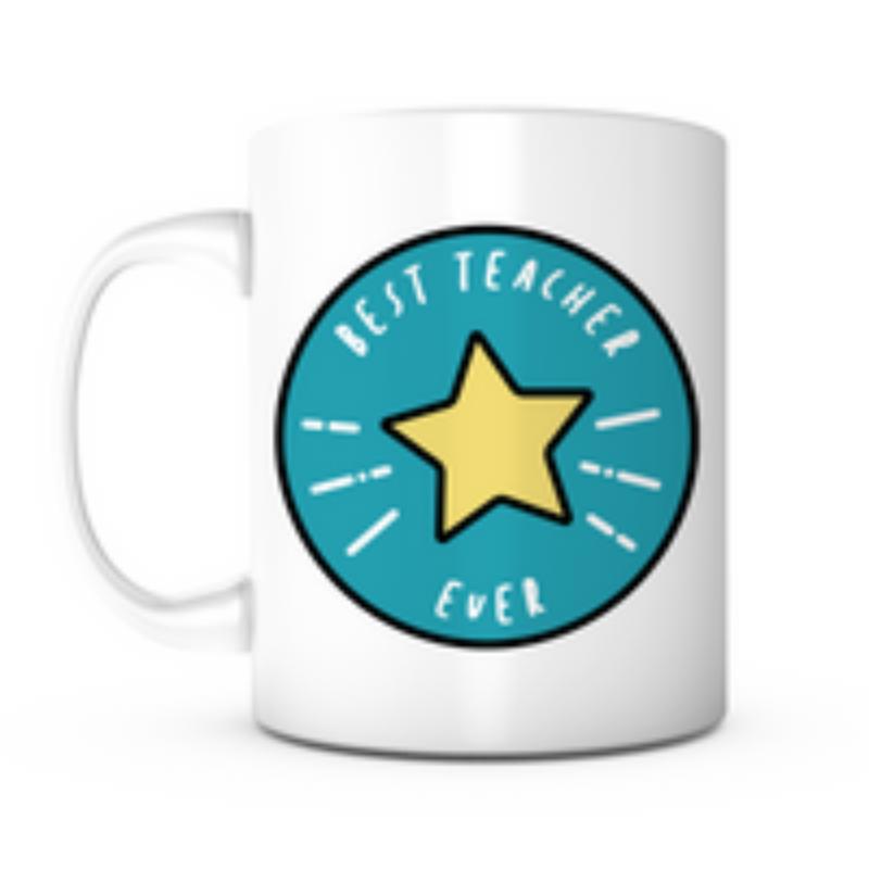 Tailorly White Ceramic 11 oz Mug - Best Teacher Ever Glowing Yellow Star Inside Vibrant Blue Circular Emblem Star