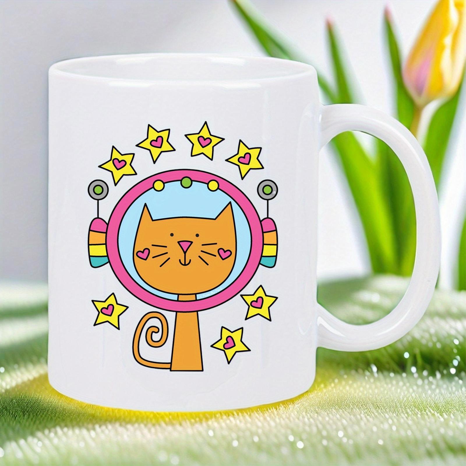 Tailorly White Ceramic 11 oz Mug - Cute Orange Feline With Pink Round Frame Surrounded By Heart Stars Cat