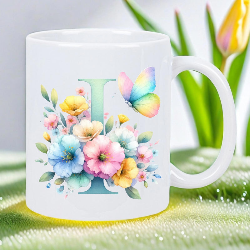 Tailorly White Ceramic 11 oz Mug - I Vibrant Colorful Flowers With Elegant Watercolor Butterfly And Large Pastel Flower