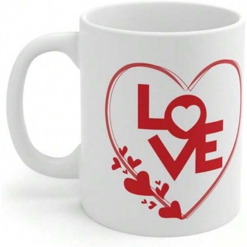 Tailorly White Ceramic 11 oz Mug - Love Vibrant Red Outlined Frame With Dainty Flowing Decorative Hearts Heart