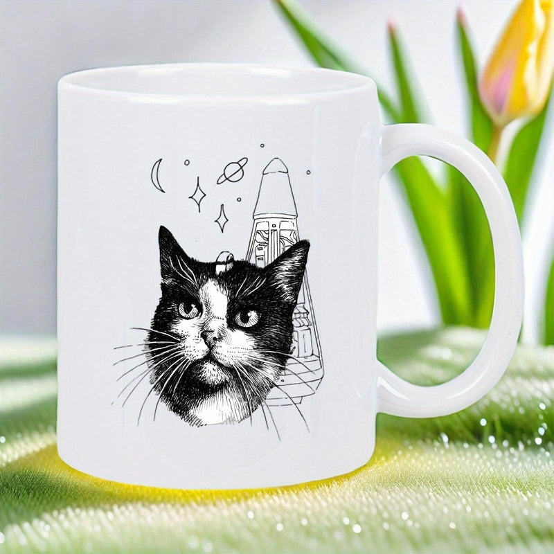 Tailorly White Ceramic 11 oz Mug - Celestial Space Elements Featuring Stars Moon And Saturn Floating Above A Tuxedo Cat