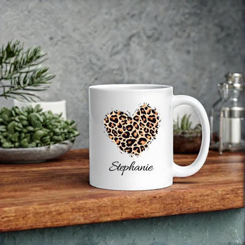 Tailorly White Ceramic 11 oz Mug - Stephanie Leopard Pattern Texture Heart On Polished