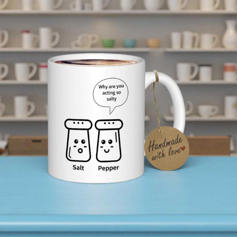 Tailorly White Ceramic 11 oz Mug - Why Are You Acting So Salty Salt Pepper Minimalist Cartoon Characters Sharing Funny Pun Dialogue Together Mug