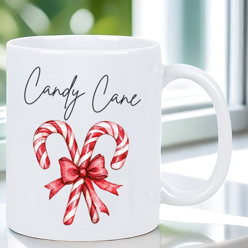 Tailorly White Ceramic 11 oz Mug - Candy Cane Festive Holiday Treats Tied Together With A Beautiful Red Ribbon Candy Cane