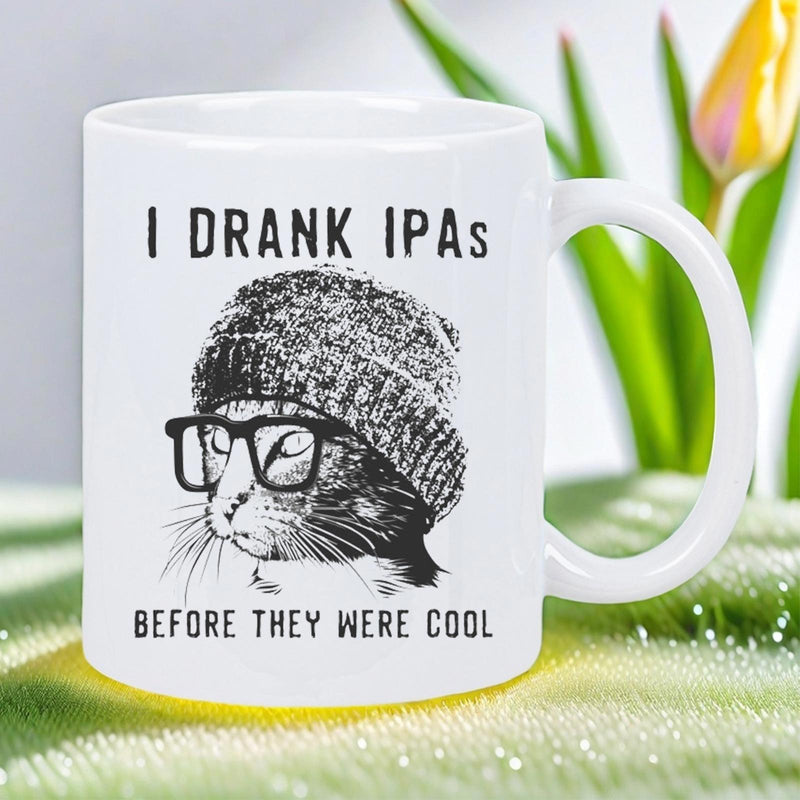 Tailorly White Ceramic 11 oz Mug - I Drank Ipas Before They Were Cool Vintage Sketch Of Hipster Feline Wearing Glasses And Beanie Cat