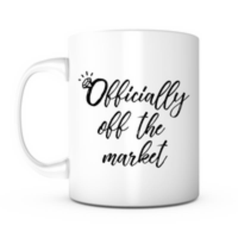 Tailorly White Ceramic 11 oz Mug - Officially Off The Market Minimalist Black Script Font With Small Sparkling Diamond Engagement Ring Mug