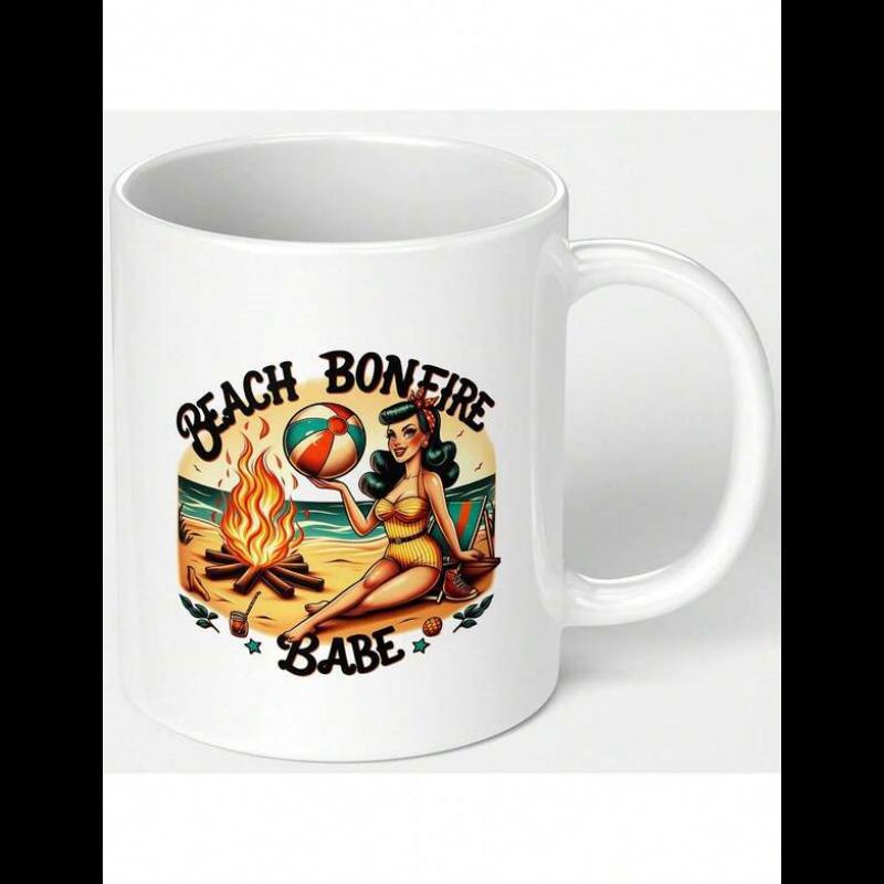 Tailorly White Ceramic 11 oz Mug - Beach Bonfire Babe Vintage Style Pin Up Girl Sitting Near A Flaming Warm Coastal Bonfire Girl