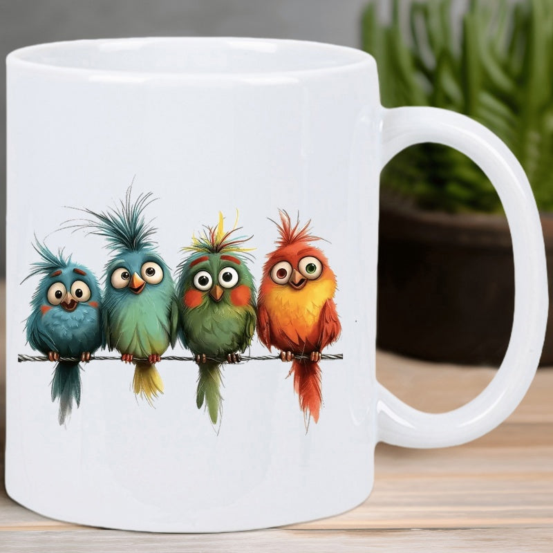 Tailorly White Ceramic 11 oz Mug - Four Colorful Tiny Fluffy Cartoon Creatures Sitting On A Wire Birds