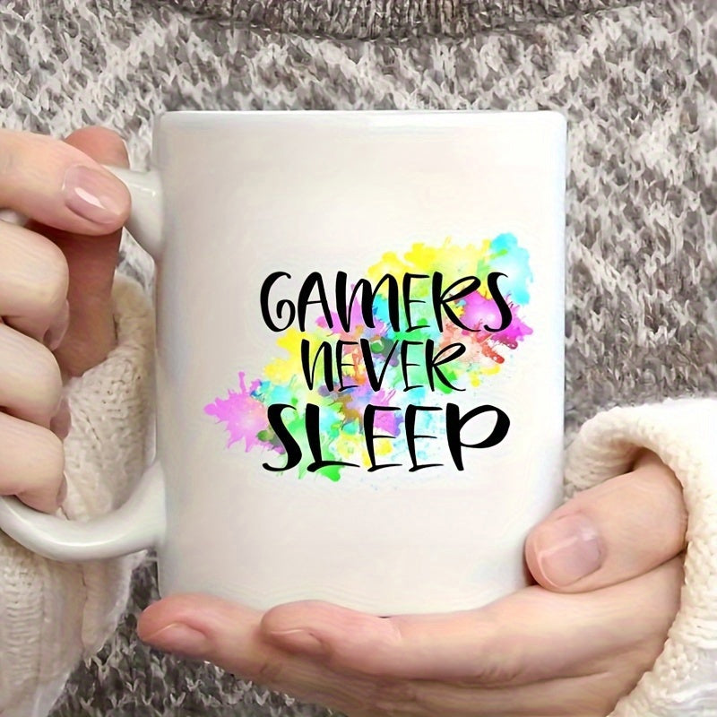Tailorly White Ceramic 11 oz Mug - Gamers Never Sleep Vibrant Abstract Watercolor Paint Splashes With Artistic Multicolored Ink Drips Mug