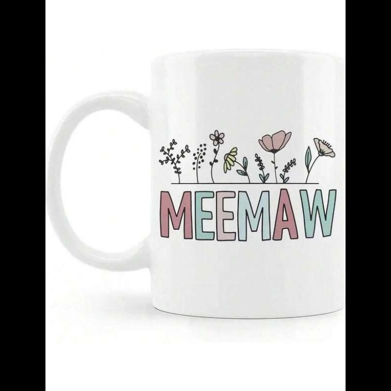 Tailorly White Ceramic 11 oz Mug - Meemaw Delicate Hand Drawn Wildflowers Blooming In A Vibrant Row Flower