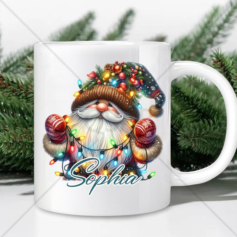 Tailorly White Ceramic 11 oz Mug - Sophia Festive Christmas Gnome Wearing Glowing String Lights And Holding Red Holiday Ornaments Gnome