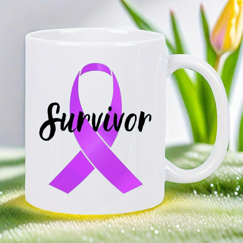 Tailorly White Ceramic 11 oz Mug - Survivor Elegant Purple Awareness Loop Flowing Among Vibrant Inspirational Hopeful Symbols Ribbon