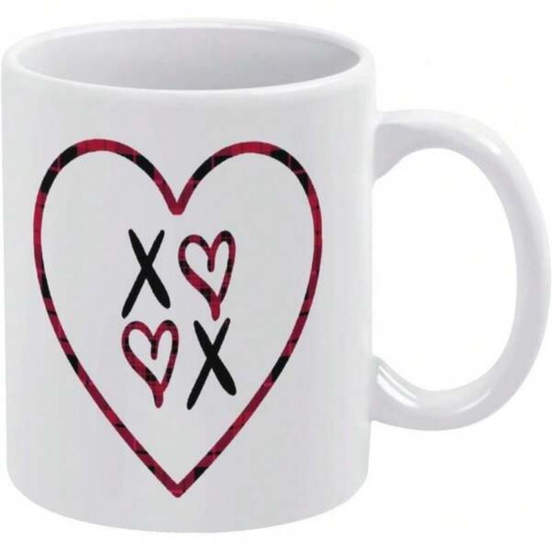 Tailorly White Ceramic 11 oz Mug - Buffalo Plaid Pattern Heart With Artistic Symbols And Minimalist Lines Heart
