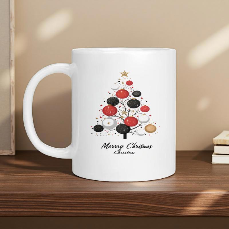 Tailorly White Ceramic 11 oz Mug - Merry Christmas Festive Artistic Holiday Pattern With Colorful Baubles And Golden Star Christmas Tree