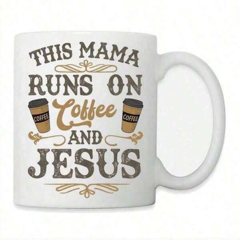 Tailorly White Ceramic 11 oz Mug - This Mama Runs On Coffee And Jesus Decorative Golden Swashes Surrounding Two Simple Brown Takeout Style Coffee Mug