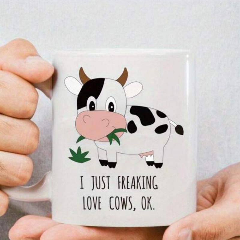 Tailorly White Ceramic 11 oz Mug - I Just Freaking Love Cows Ok Adorable Cartoon Spotted Animal Eating Green Grass In A Field Cow