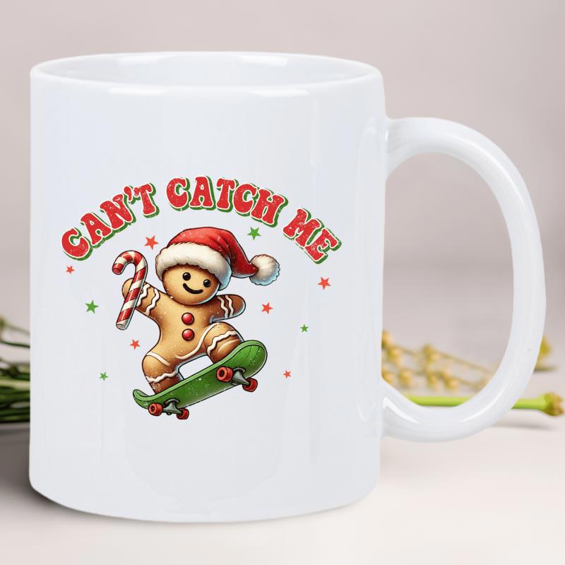 Tailorly White Ceramic 11 oz Mug - Cant Catch Me Festive Character Riding Green Skateboard With Candy Cane Wearing Santa Hat Gingerbread Man