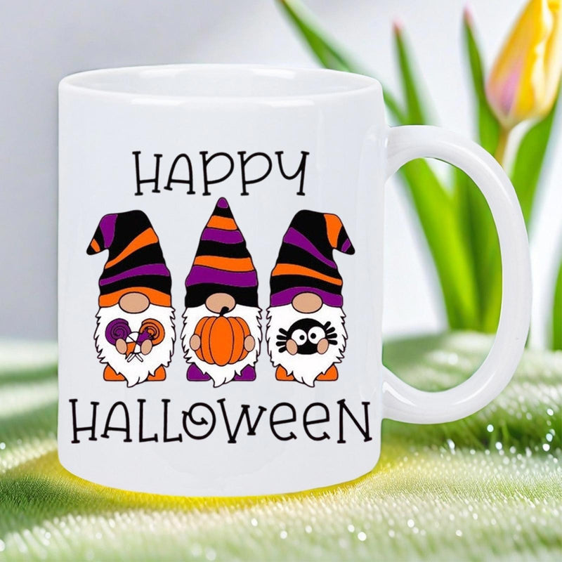 Tailorly White Ceramic 11 oz Mug - Happy Halloween Three Festive Holiday Gnomes Holding Pumpkin And Spider Wearing Striped Hats Gnome