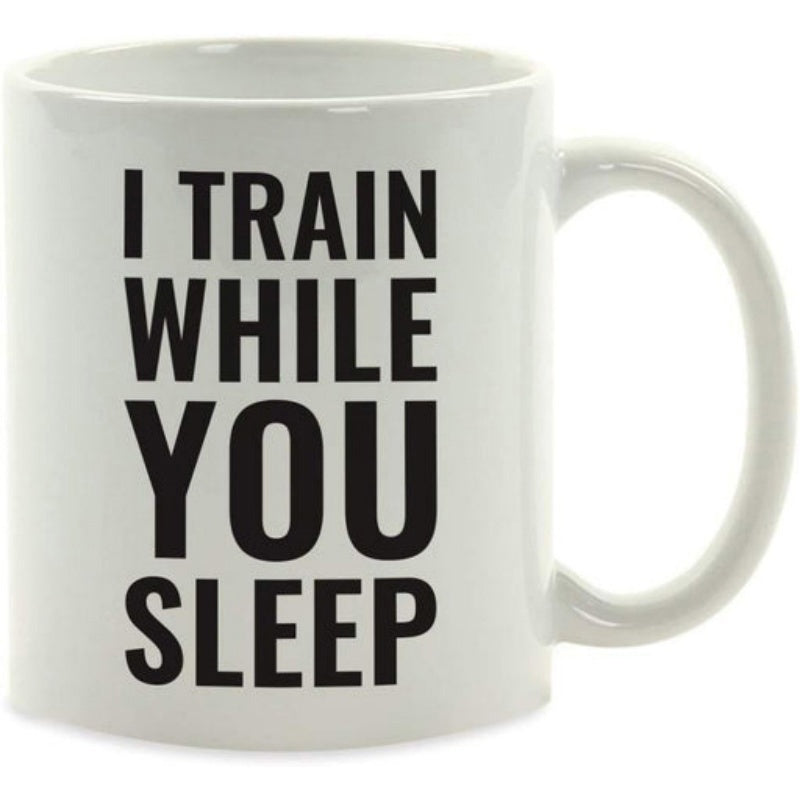 Tailorly White Ceramic 11 oz Mug - I Train While You Sleep Minimalist White Ceramic Body With Bold Black Typography Mug