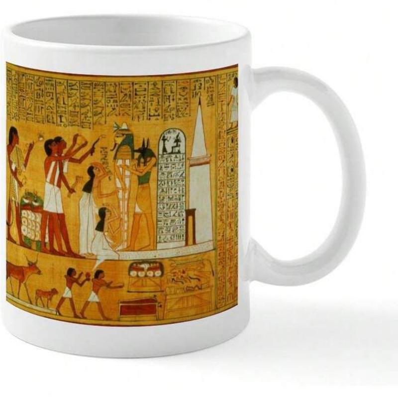 Tailorly White Ceramic 11 oz Mug - Ancient Egyptian Figures Walking With Hieroglyphics On Golden Textured Vintage Papyrus