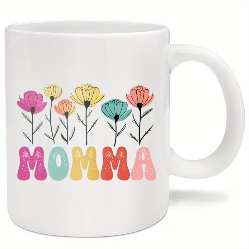 Tailorly White Ceramic 11 oz Mug - Momma Colorful Retro Style Wildflowers Growing In A Row Like A Bright Garden Flower