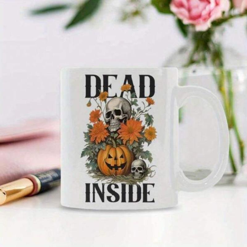 Tailorly White Ceramic 11 oz Mug - Dead Inside Gothic Skulls Nestled Among Vibrant Orange Autumn Flowers And Carved Pumpkin