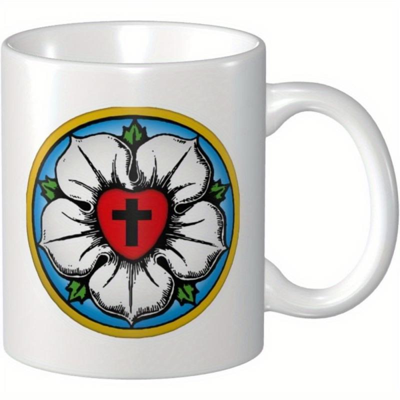 Tailorly White Ceramic 11 oz Mug - Sacred Christian Symbol With Red Heart And Black Cross Within White Rose