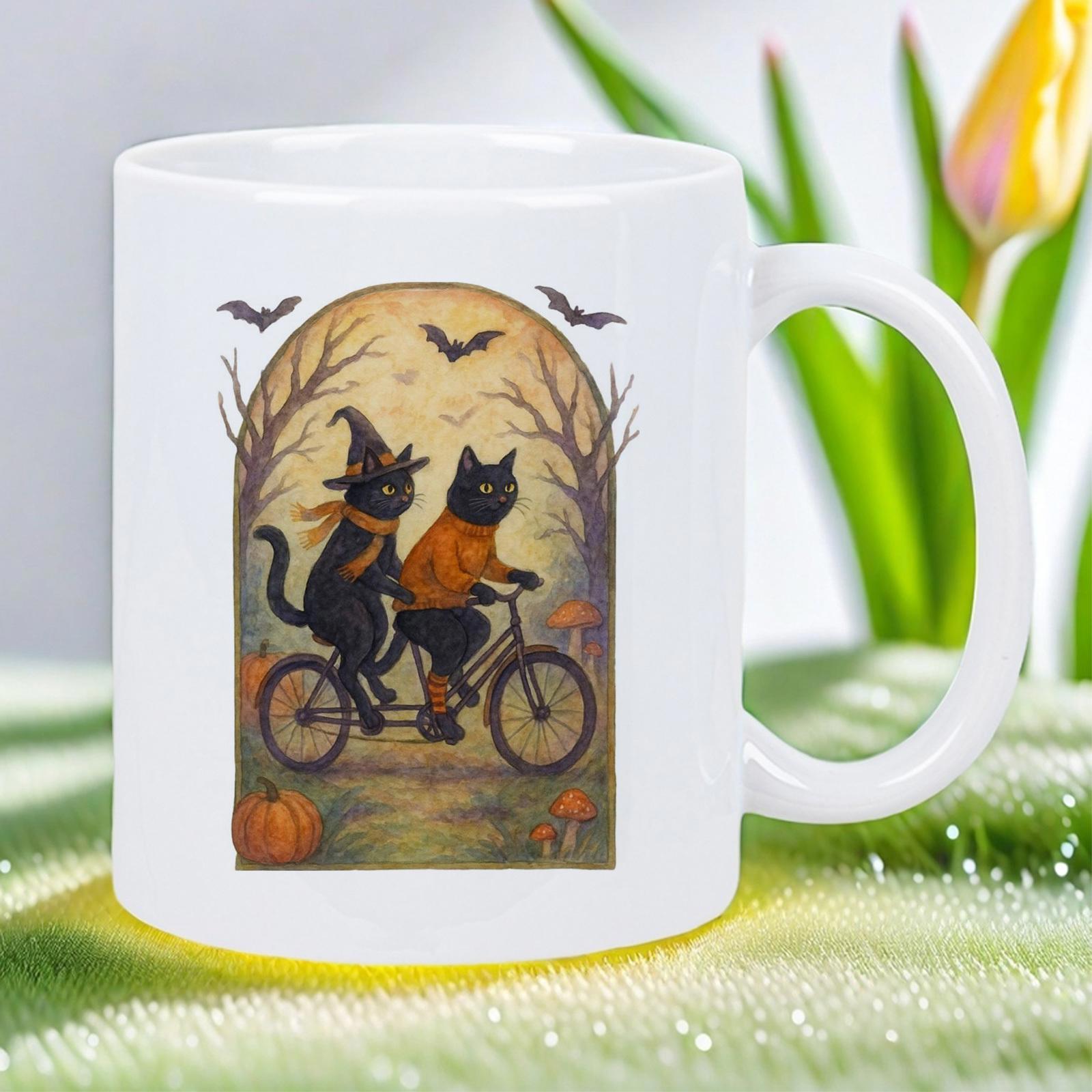 Tailorly White Ceramic 11 oz Mug - Spooky Black Cats Riding A Tandem Bicycle Through Autumn Haunted Woods Cat