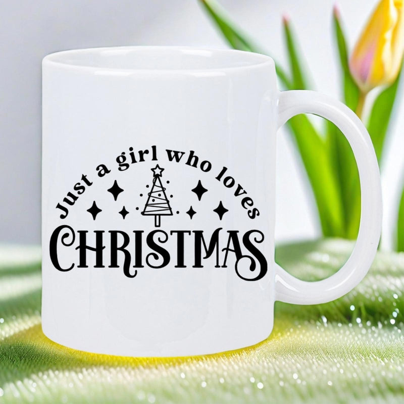 Tailorly White Ceramic 11 oz Mug - Just A Girl Who Loves Christmas Simple Hand Drawn Style Festive Winter Holiday Tree