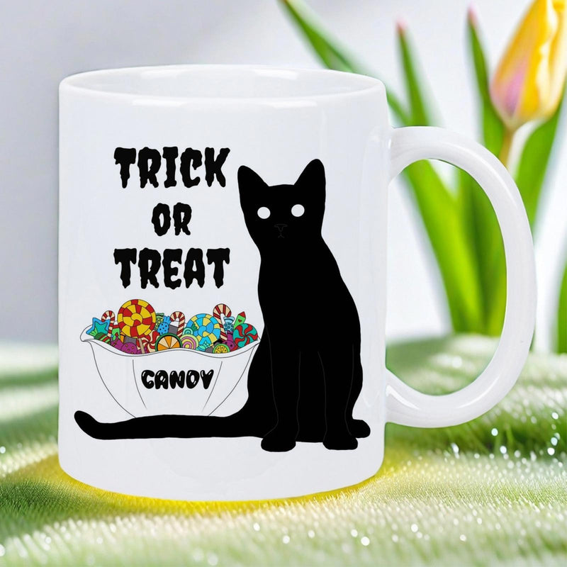 Tailorly White Ceramic 11 oz Mug - Trick Or Treat Candy Mysterious Black Silhouette Sitting Beside A Festive Bowl Of Colorful Sweets Cat
