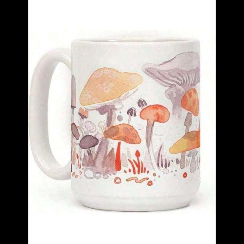 Tailorly White Ceramic 11 oz Mug - Artistic Watercolor Forest Fungi In Various Sizes And Earthy Tones Mushroom