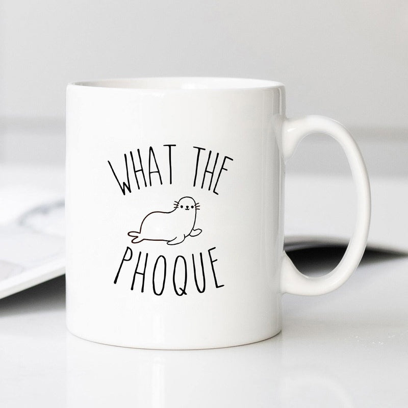 Tailorly White Ceramic 11 oz Mug - What The Phoque Minimalist Line Art Sketch Of A Cute Resting Little Arctic Seal