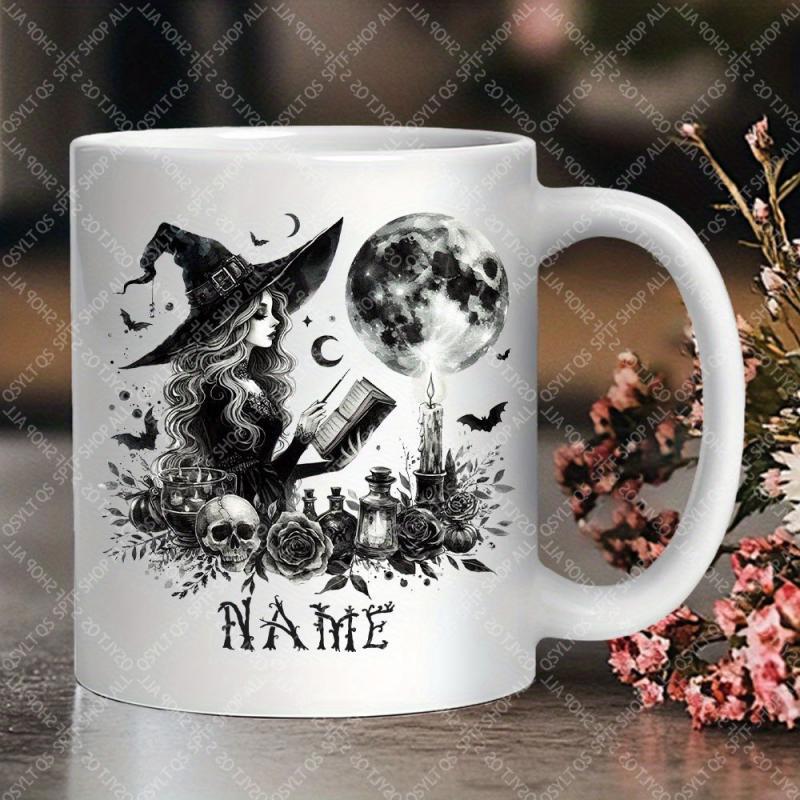Tailorly White Ceramic 11 oz Mug - Name Gothic Illustration With Moon And Skull Surrounded By Roses And Bats Witch