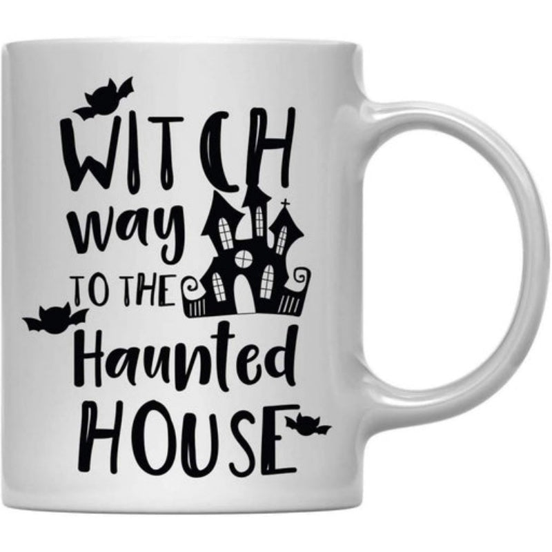 Tailorly White Ceramic 11 oz Mug - Witch Way To The Haunted House Spooky Gothic Castle Silhouette Surrounded By Small Flying Night Bats House