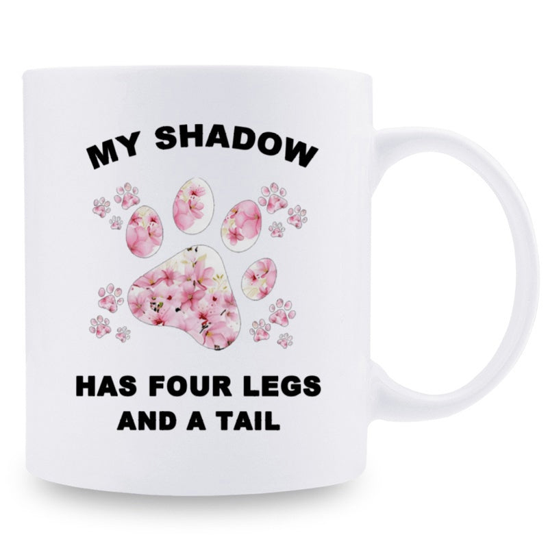 Tailorly White Ceramic 11 oz Mug - My Shadow Has Four Legs And A Tail Blooming Pink Flowers Filling An Elegant Animal Paw