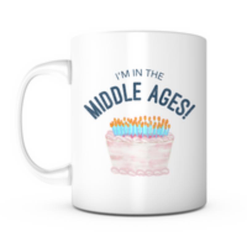 Tailorly White Ceramic 11 oz Mug - I'm In The Middle Ages Festive Pink Frosting Textures With Many Glowing Blue And Orange Candles Cake