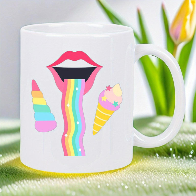 Tailorly White Ceramic 11 oz Mug - Vibrant Colorful Rainbow Flowing From Open Pink Lips With Sweet Treats Mouth
