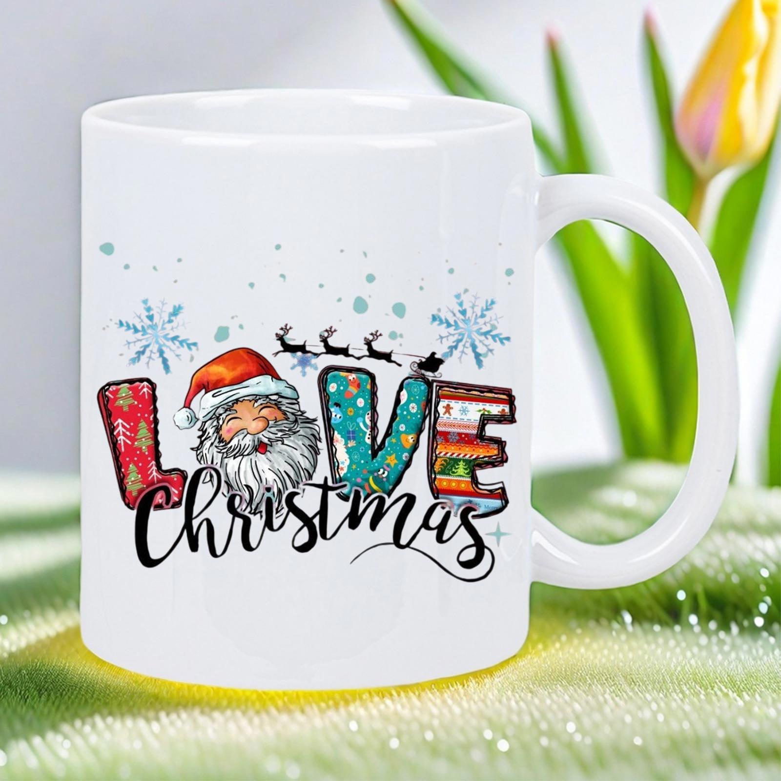 Tailorly White Ceramic 11 oz Mug - Love Christmas Festive Pattern With Snowflakes And Reindeer Flying In Winter Sky Santa