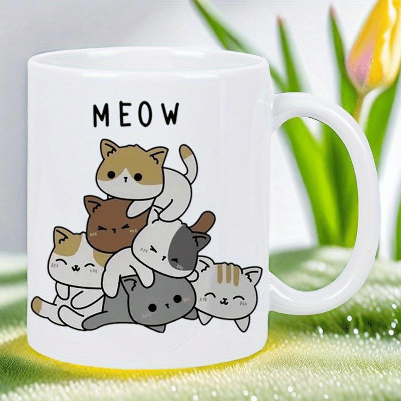 Tailorly White Ceramic 11 oz Mug - Meow Stack Of Adorable Cartoon Kittens Huddled Together In Cute Playful Posture Cats