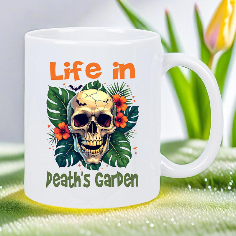 Tailorly White Ceramic 11 oz Mug - Life In Deaths Garden Surrounded By Vibrant Tropical Monstera Leaves And Hibiscus Flowers Skull