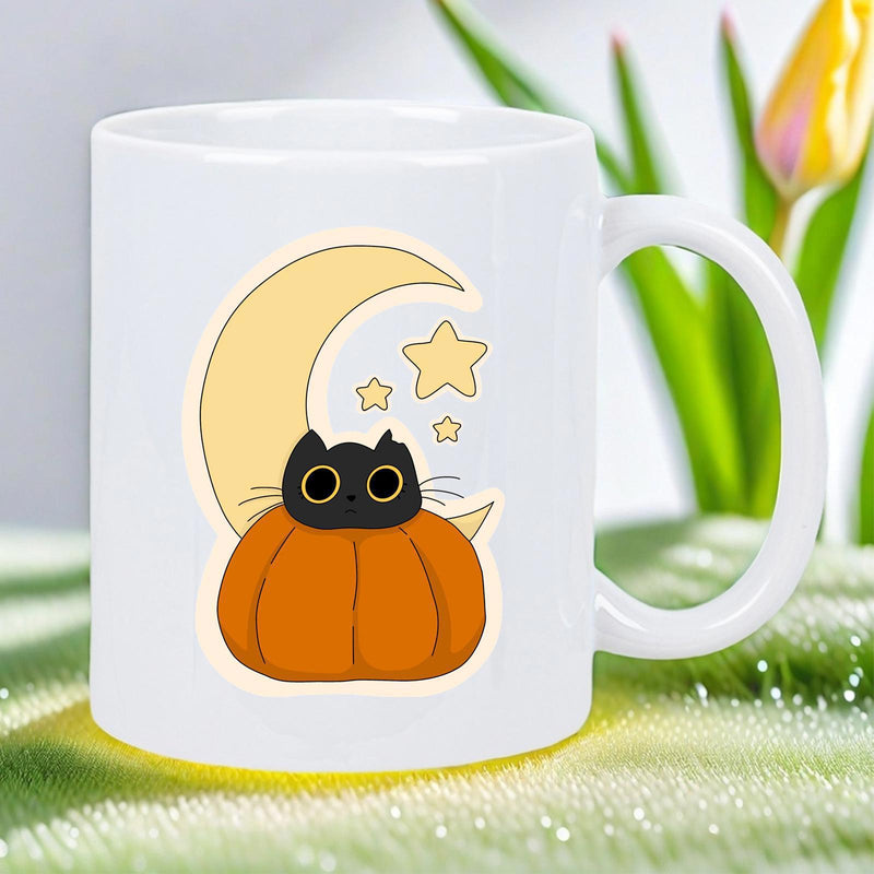 Tailorly White Ceramic 11 oz Mug - Cute Black Kitten Peeking From Orange Harvest Pumpkin Under Golden Moon And Stars Cat