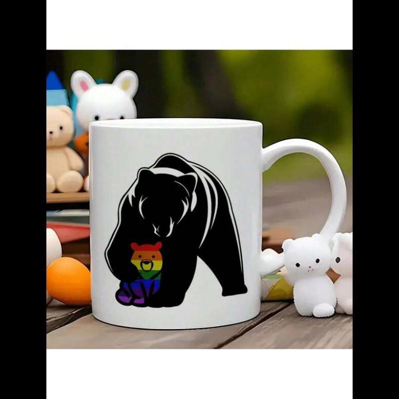 Tailorly White Ceramic 11 oz Mug - Silhouette Of Protective Mother With Pride Rainbow Wildlife Pattern Bear