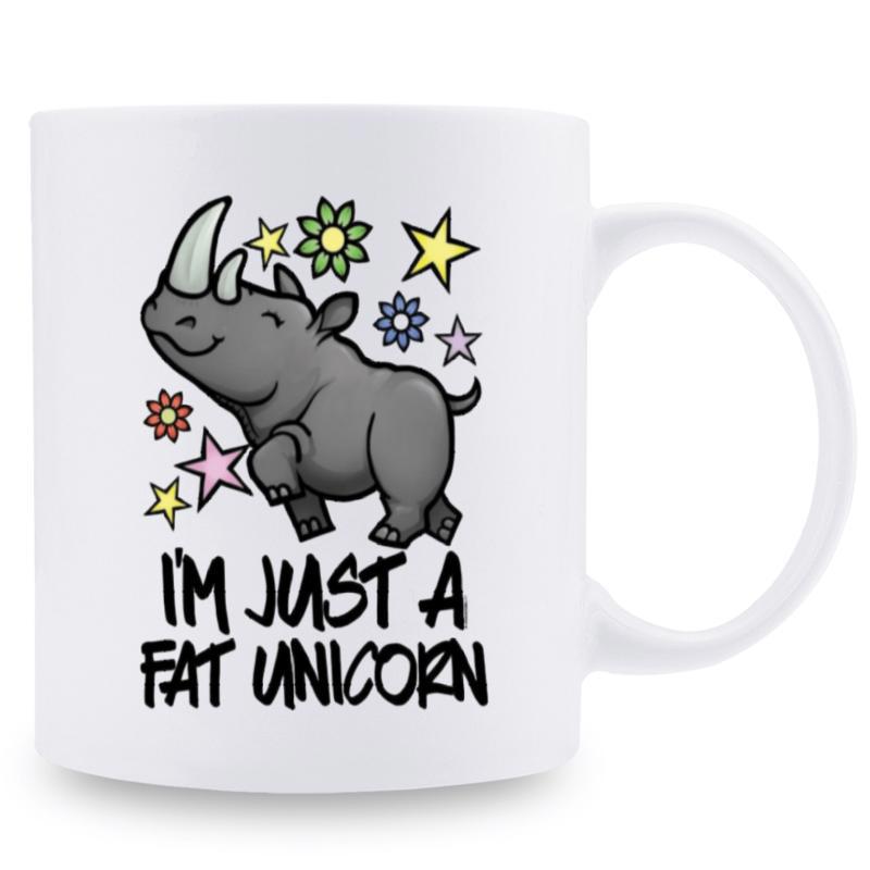 Tailorly White Ceramic 11 oz Mug - I'm Just A Fat Unicorn Cute Gray Rhino Smiling Among Bright Stars And Colorful Blossoms Rhinoceros