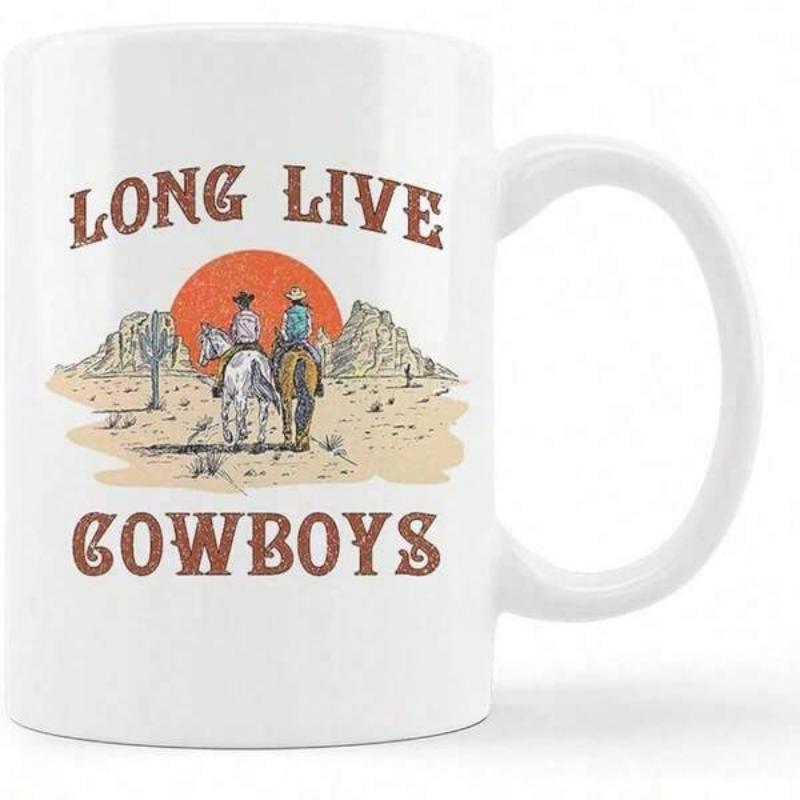 Tailorly White Ceramic 11 oz Mug - Long Live Cowboys Riding Through A Dusty Desert Landscape Under A Large Radiant Sun Cowboy