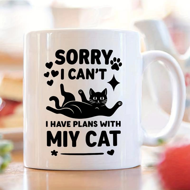 Tailorly White Ceramic 11 oz Mug - Sorry I Cant I Have Plans With Miy Cat Relaxing Black Feline Silhouette With Paw Prints Hearts And Star Cat