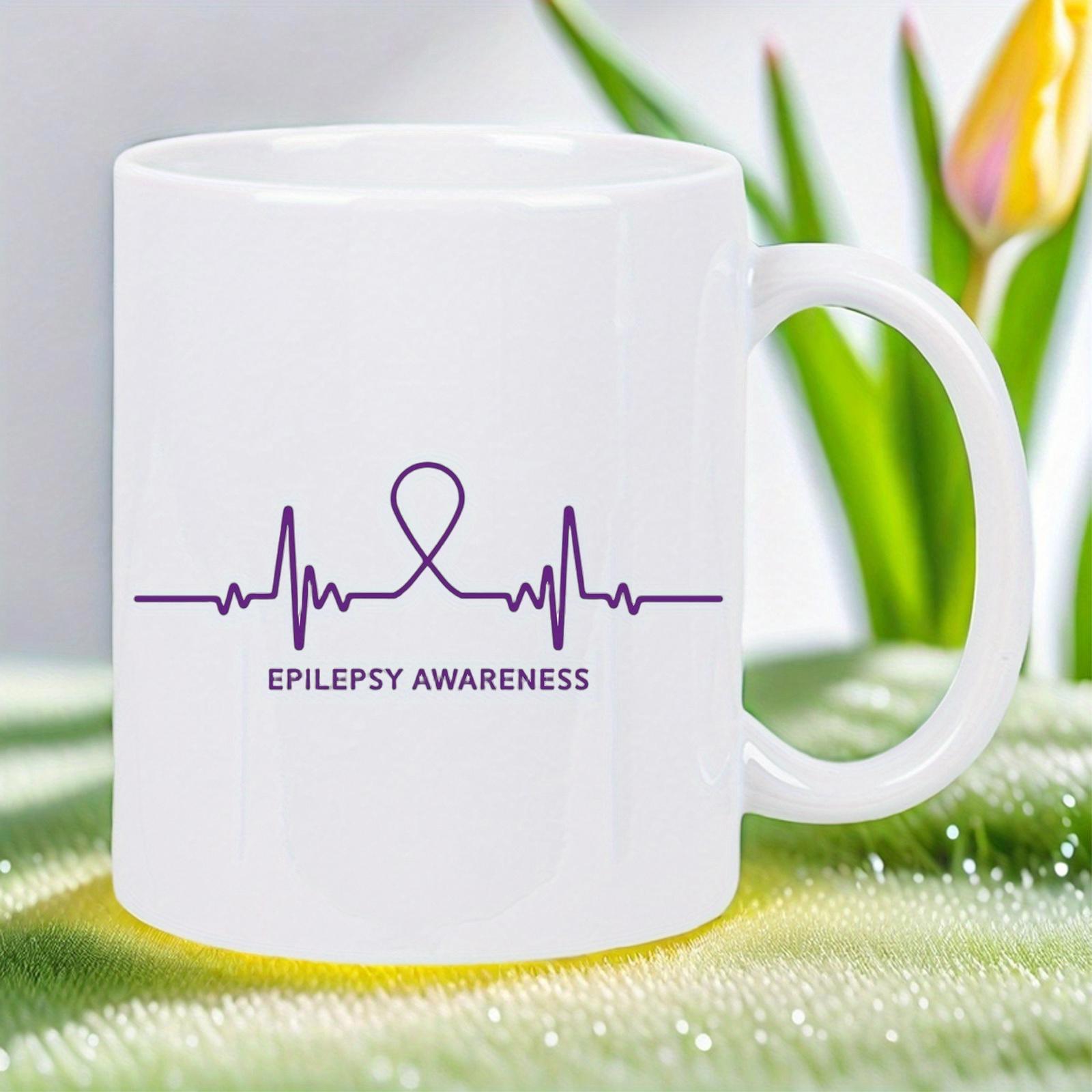 Tailorly White Ceramic 11 oz Mug - Epilepsy Awareness Minimalist Purple Heartbeat Rhythm With Central Awareness Ribbon Support Symbol