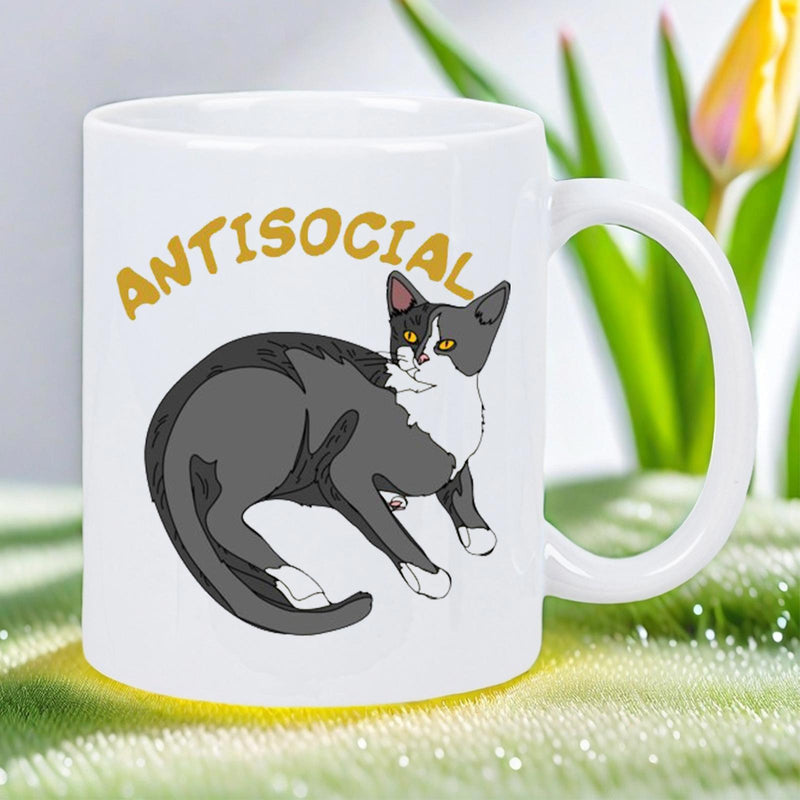 Tailorly White Ceramic 11 oz Mug - Antisocial Calm Grey And White Tuxedo Resting While Looking Back Cat