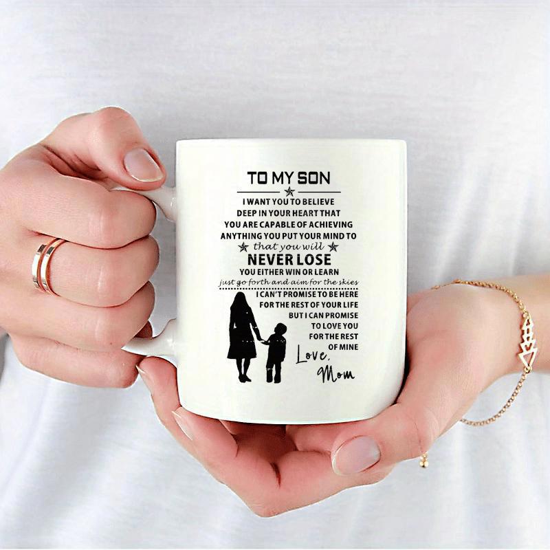 Tailorly White Ceramic 11 oz Mug - To My Son Love Mom Graceful Black Mother And Son Walking Together In Harmony Silhouette