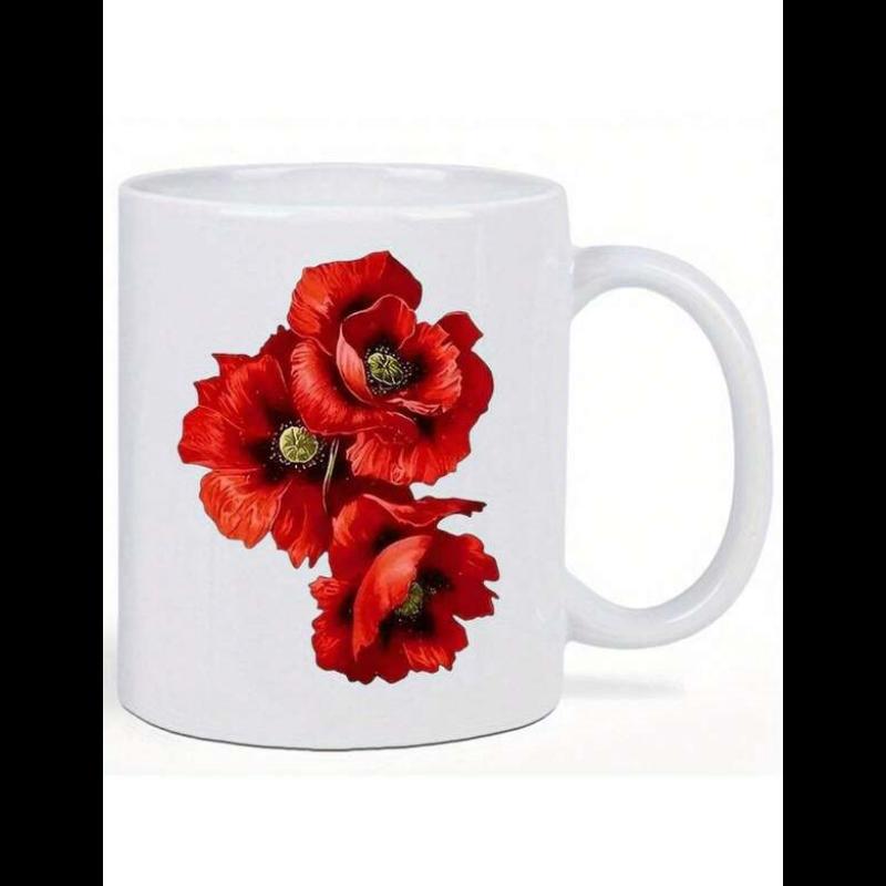 Tailorly White Ceramic 11 oz Mug - Blooming Red Petals Among Delicate Green Stems In Vibrant Floral Cluster Poppy